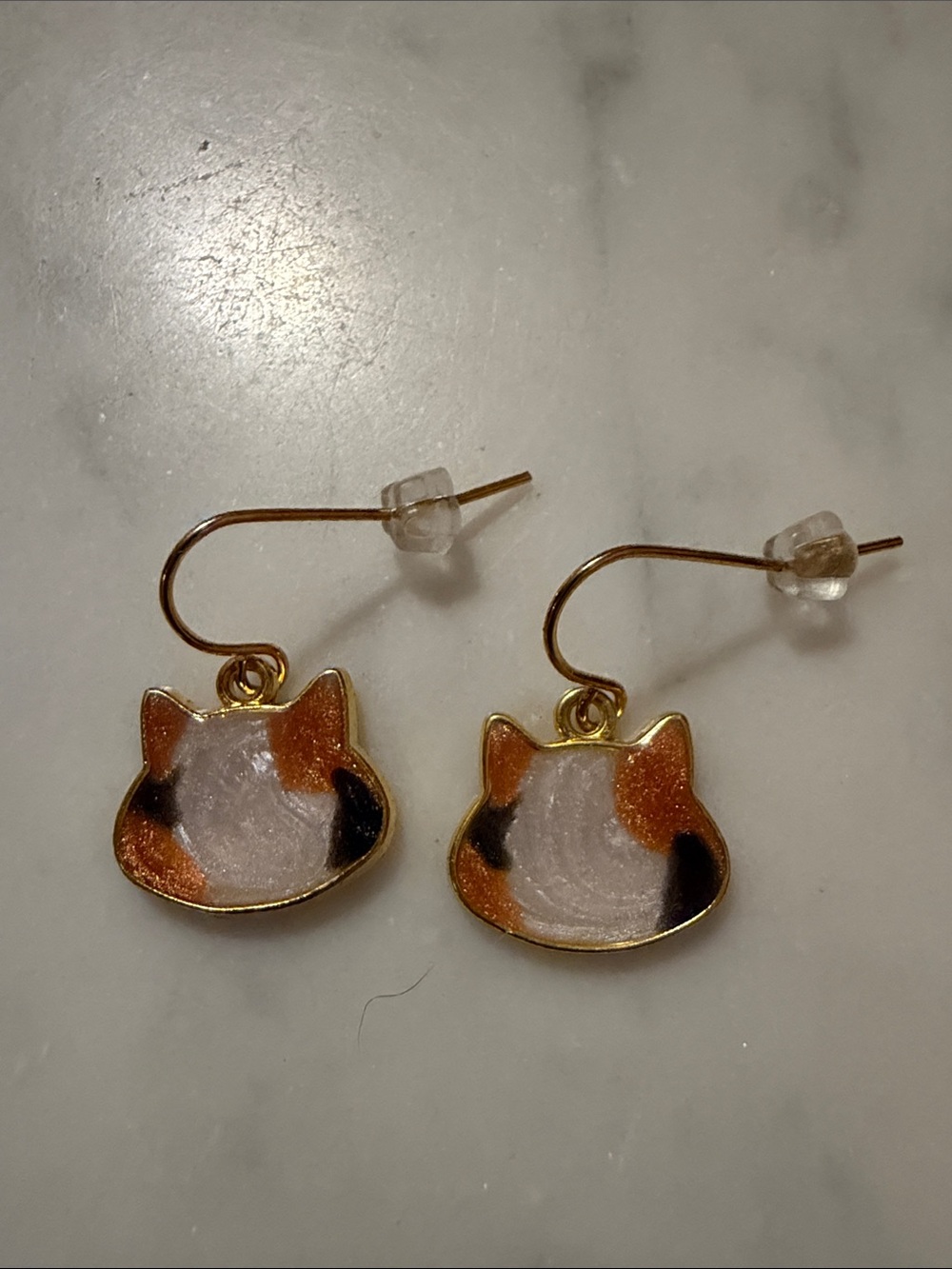Gold Calico Cat Face Drop Earrings